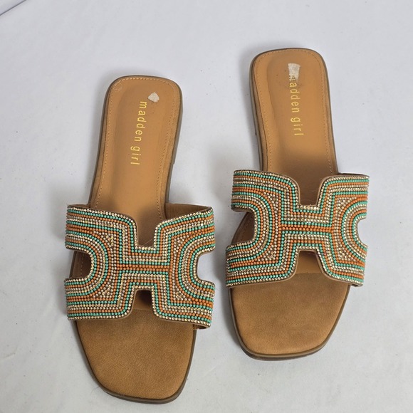 Madden Girl Shoes - Madden Girl Womens Beaded H-Band Slide Sandals‎ Orange Turquoise Rhinestone 8.5
